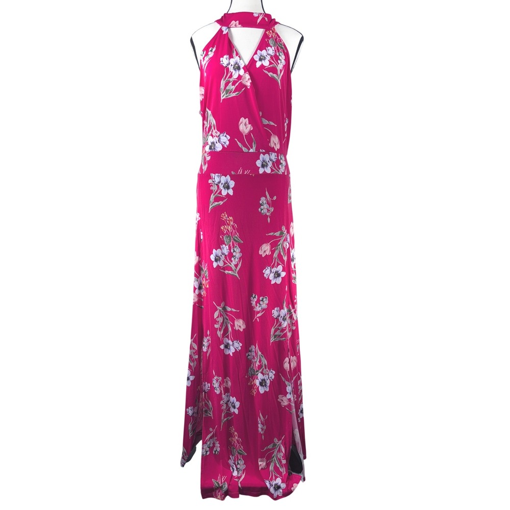 New York & Co Pink Floral Halter Maxi Dress XL Stretch Tie Waist Slit Gown